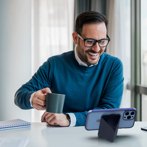 Магнитный держатель картхолдер с MagSafe синего цвета от Dux Ducis, серия Mawa Series Magnetic PU Leather