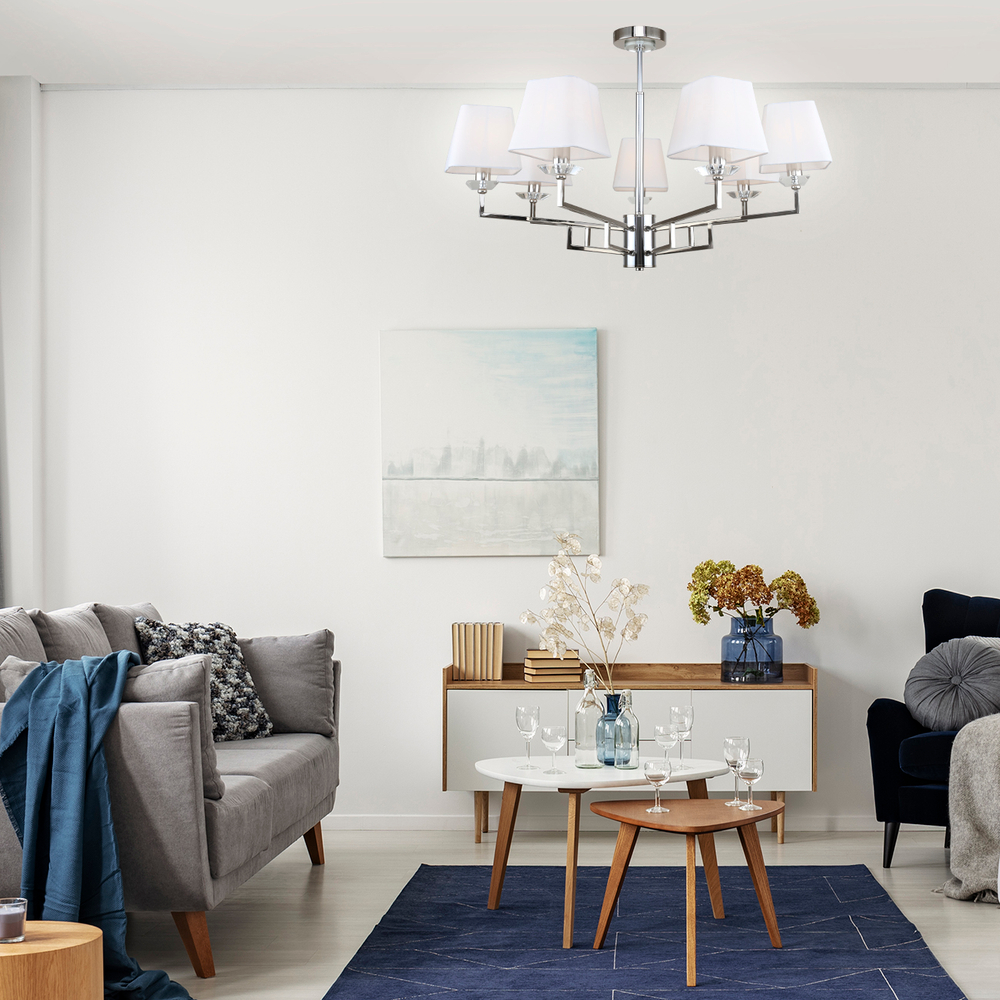 Люстра на штанге 7x40Вт E14, металл/ткань/хрусталь, никель, белый плафон, прозрачный хрусталь