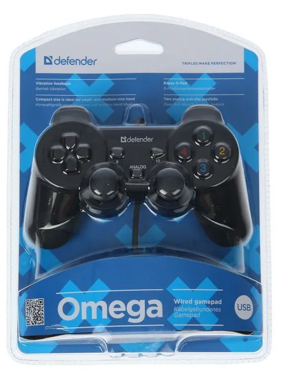 Геймпад Defender Omega USB, проводной, вибрация, для PC, USB, черный