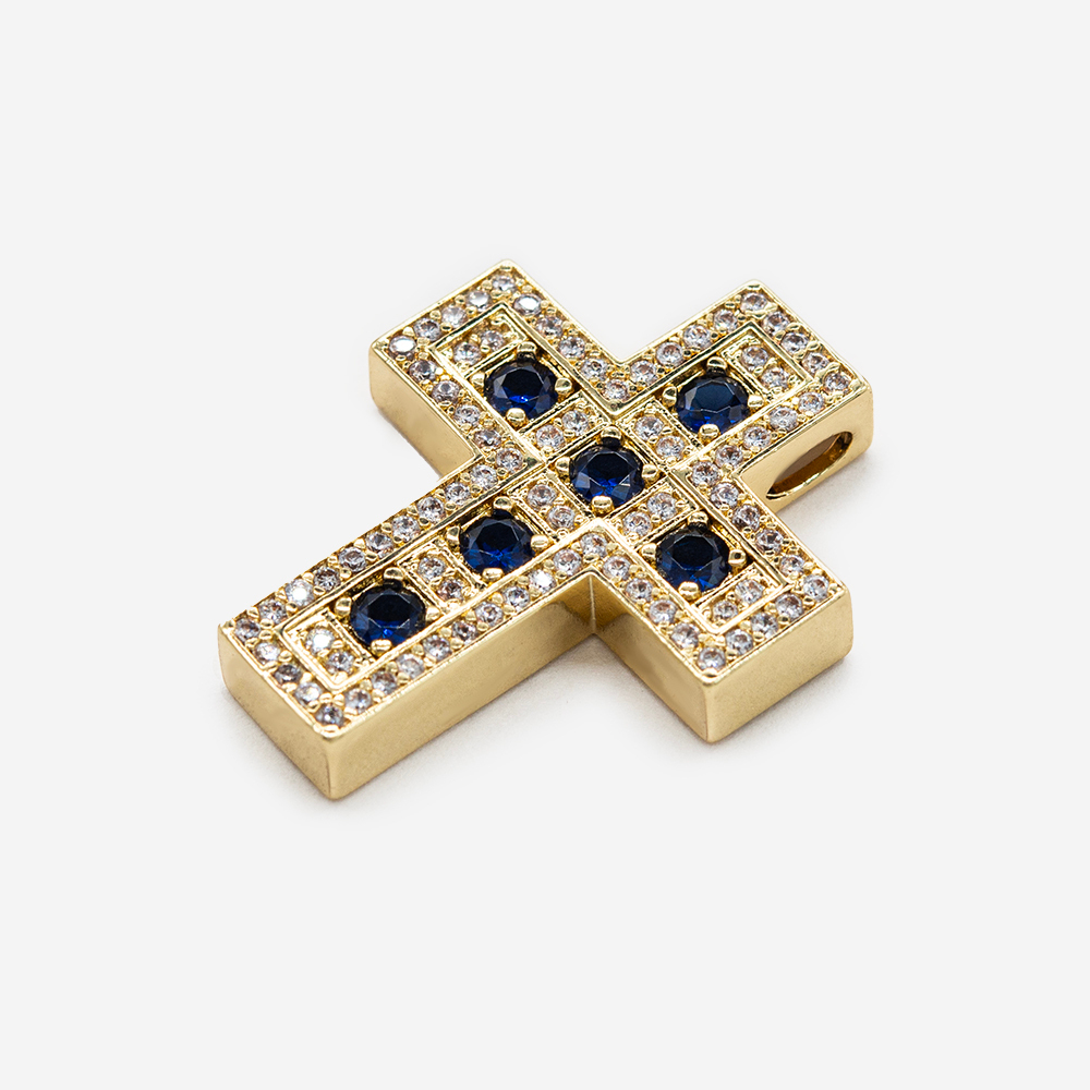 Подвеска "Крестик", синие фианиты, позолота, 28*22мм