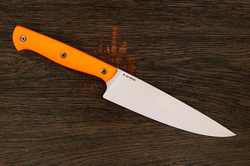 Нож кухонный MOYO Аппарель шеф 175мм, сталь AR-RPM9, рукоять G10-extra оранжевый