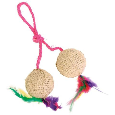 Игрушка для кошки, 2 мячика с перьями на верёвке, с кошачьей мятой, 2*4,5см, разноцв., Trixie