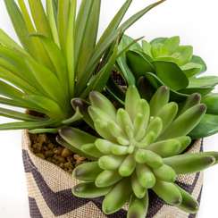 Смесь искусственных суккулентов в горшке из натуральной и черной рафии