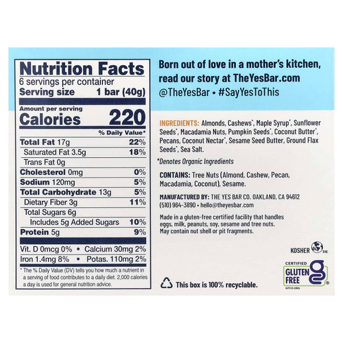Yes Bar, Snack Bars, соленый клен и пекан, 6 батончиков по 40 г (1,4 унции)