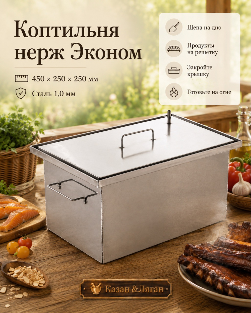 Коптильня нерж "Эконом" 450х250х250 1,0 мм