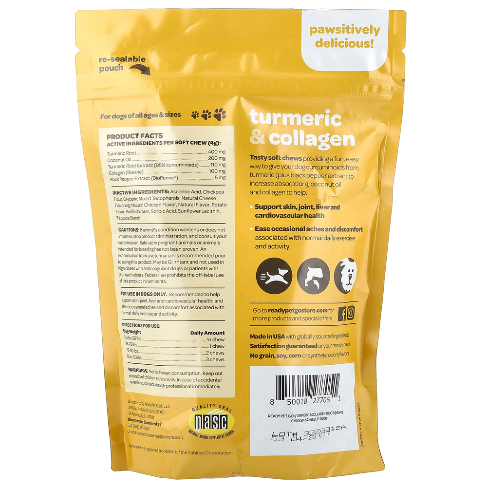 Ready Pet Go, Куркума и коллаген, для собак всех возрастов, со вкусом курицы и сыра, 90 мягких жевательных таблеток, 360 г, (12,7 унции)