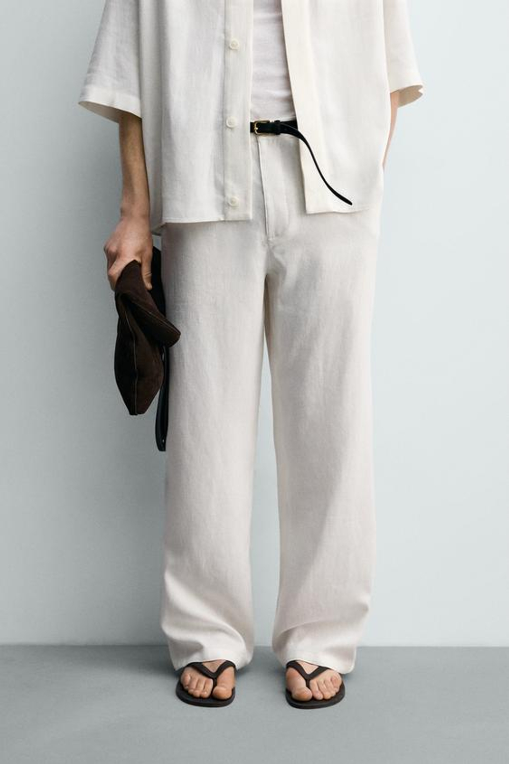 ZARA БРЮКИ RELAXED FIT ИЗ ВИСКОЗЫ И КОНОПЛИ, ЖЕЛТОВАТО-БЕЛЫЙ