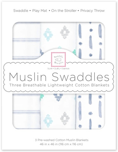 SwaddleDesigns SDM-180D Набор пеленок муслин 3 шт. Indigo Denim Watercolor Blues