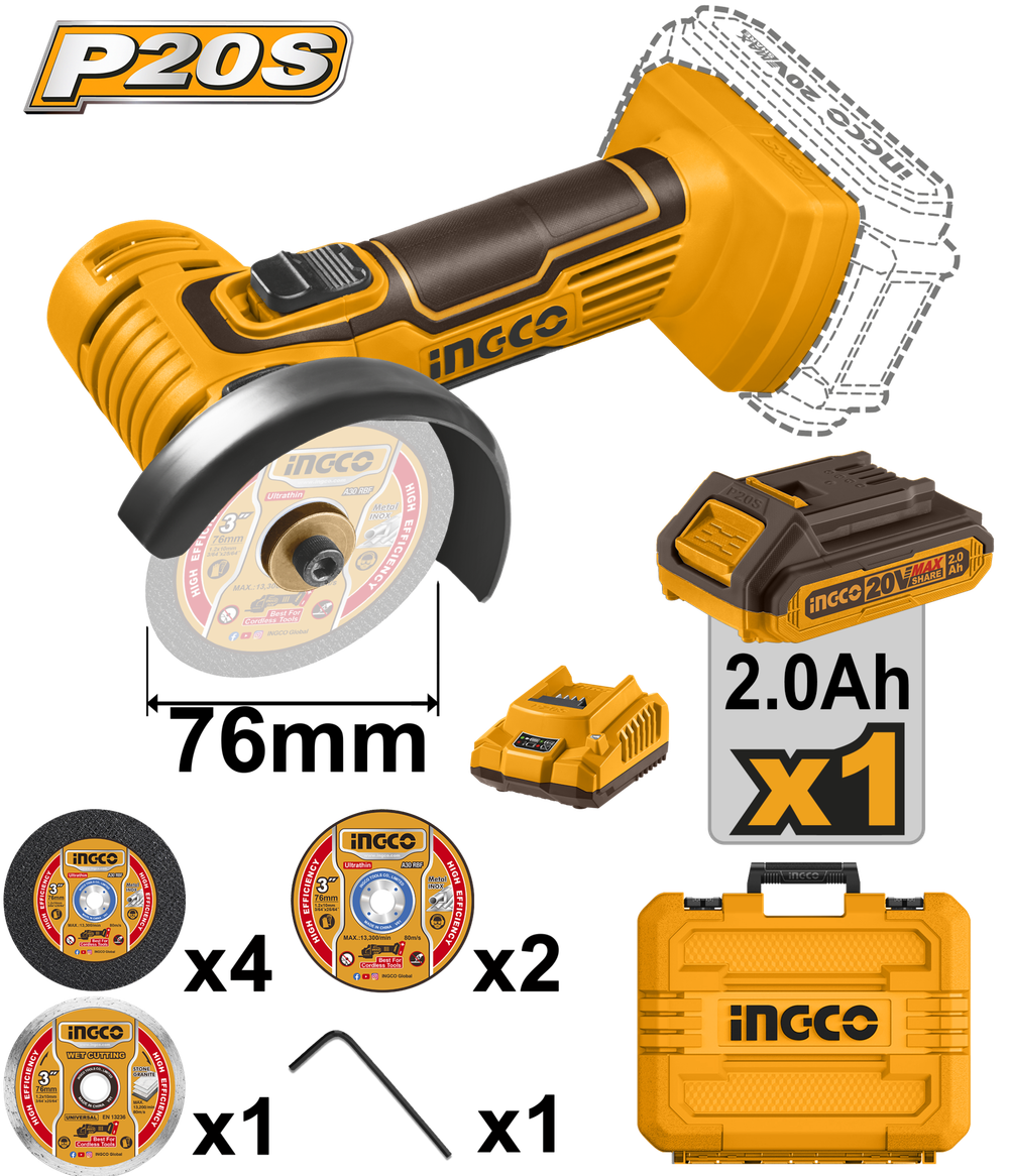 Угловая шлифовальная машина аккумуляторная 76 мм Li-Ion 20В INGCO CAGLI76012 INDUSTRIAL С НДС