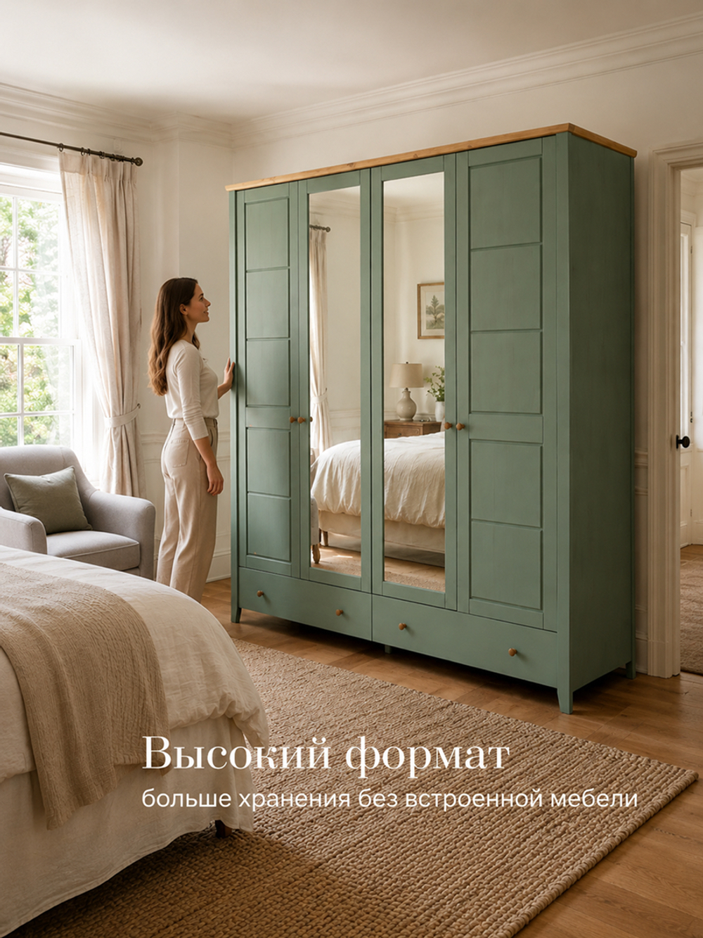 Шкаф для одежды, 200х60х216, Саргас, распашной, с зеркалом и ящиками, деревянный, массив сосны, зеленый эвкалипт, Dipriz