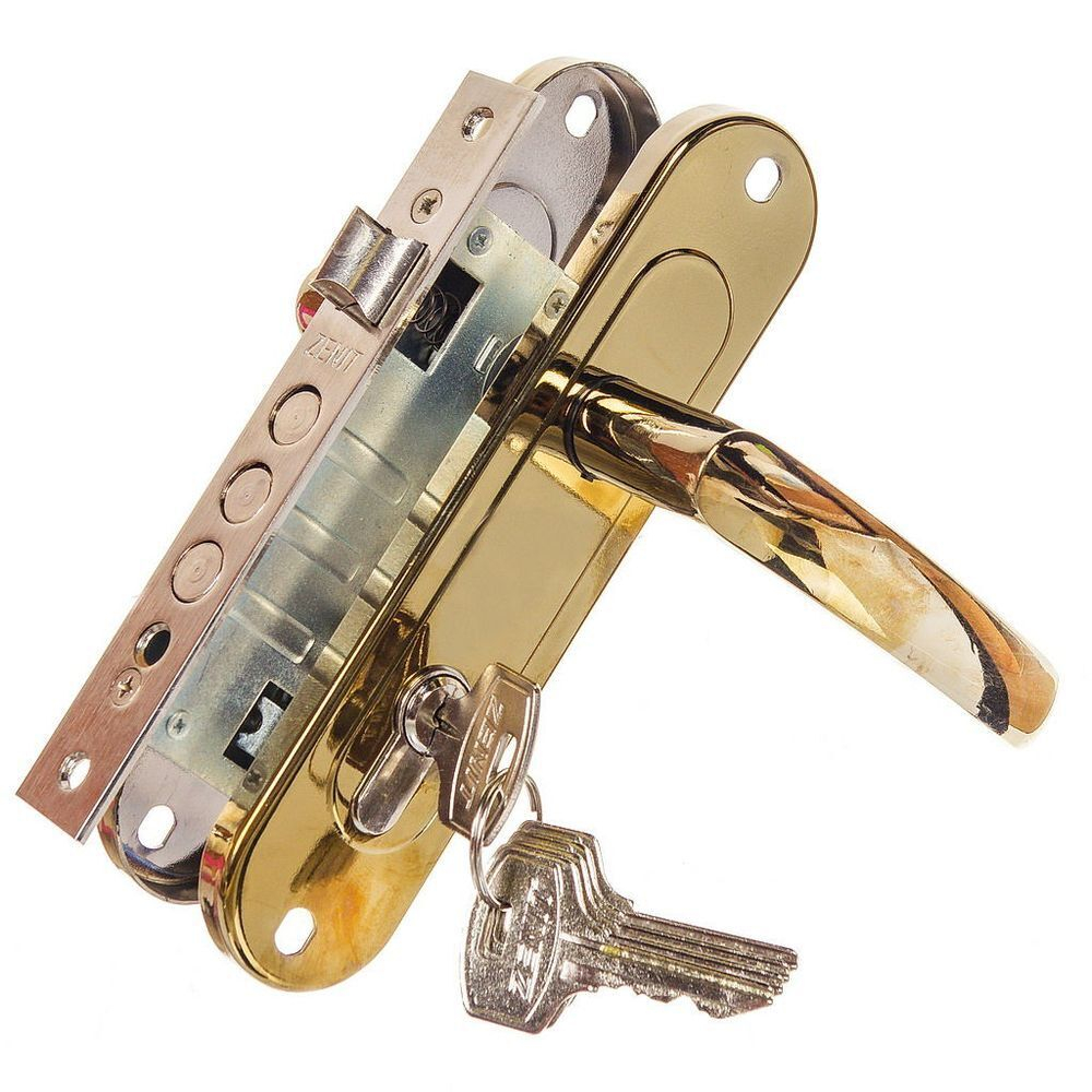 Замок врезной Зенит, ЗВ7-60.1-02, БП-00010513, ручка в комплект, цилиндровый, золот