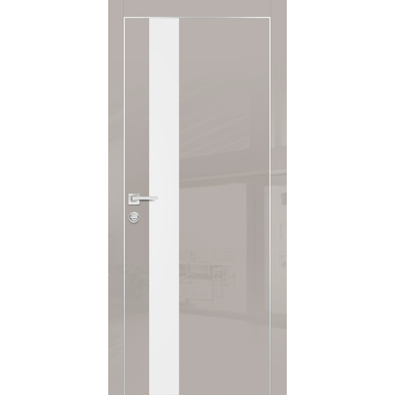 Фото межкомнатной двери экошпон Profilo Porte HGX-10 латте глянец с алюминиевой кромкой с 4-х сторон стекло Matelac белый
