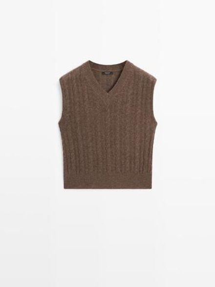 Massimo Dutti Трикотажный жилет из смесовой шерсти с V-образным вырезом, коричневый