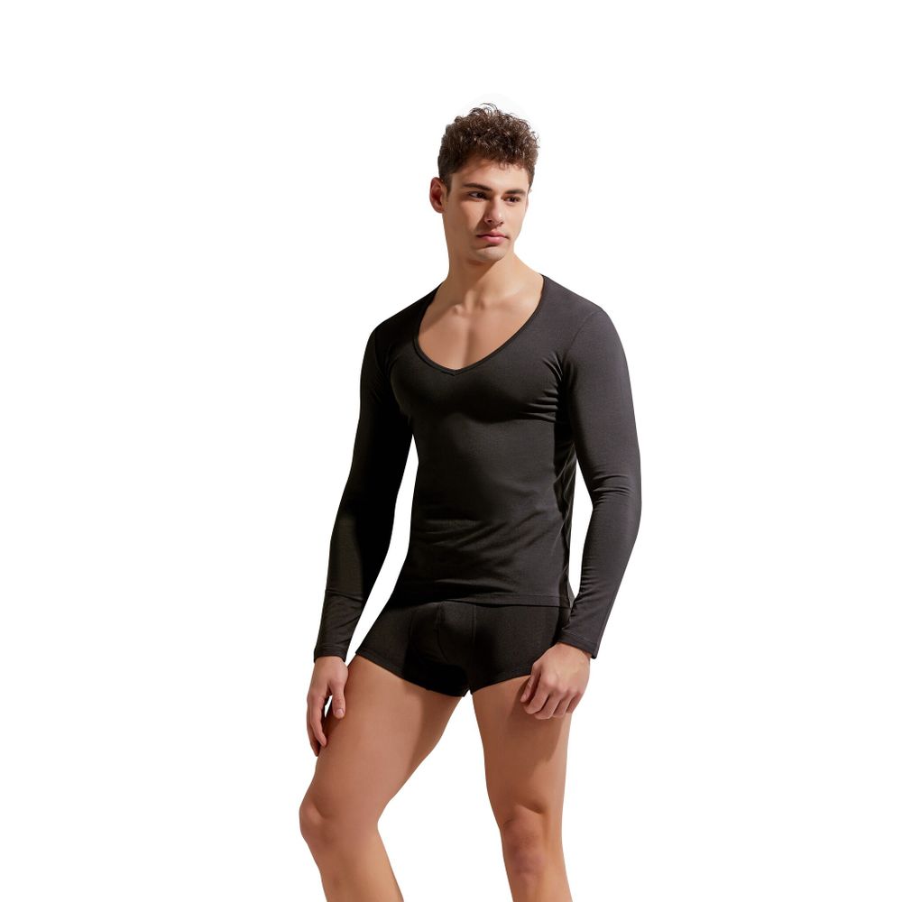 Мужской лонгслив черный с глубоким вырезом GAUVINE 5005