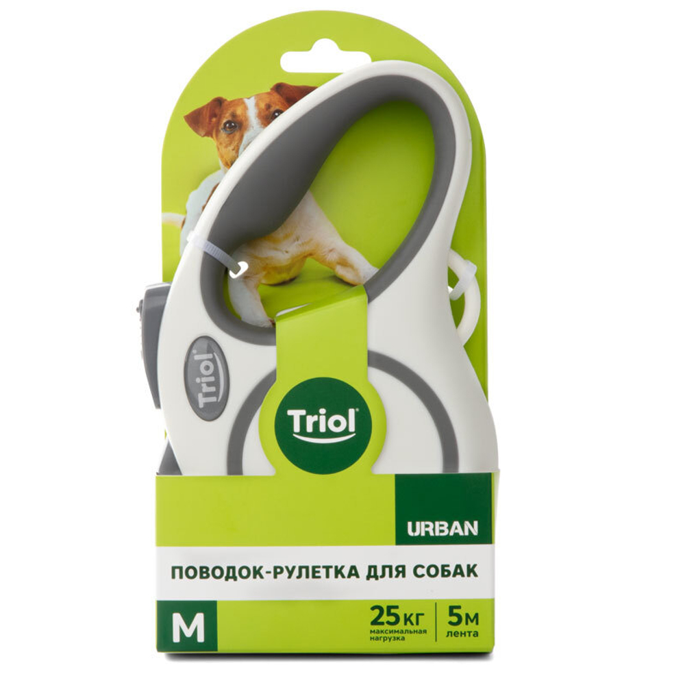Поводок-рулетка для собак Urban M, 5м до 25кг, лента, белый, Triol