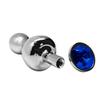 Металлическая анальная втулка 8,5см с синим кристаллом Cnex Wooomy Lollypop Double Ball Metal Plug Small Blue
