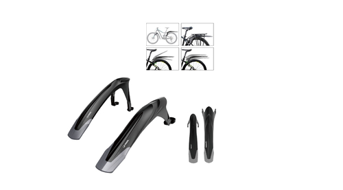 Крылья RBRL MTB 24-29", комплект передне/заднее, крепеж: на штаны вилки, заднее на задние перья рамы; для покрышки max 2.5", пластиковые, серо-черные