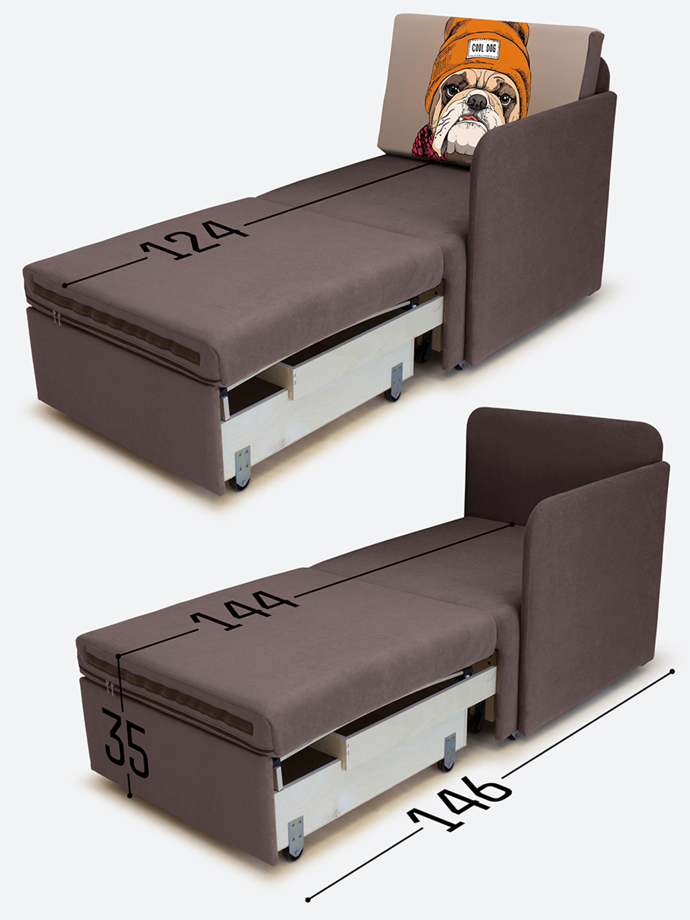 Кресло-кровать "Миник" с левым подлокотником, под правую руку, Бульдог