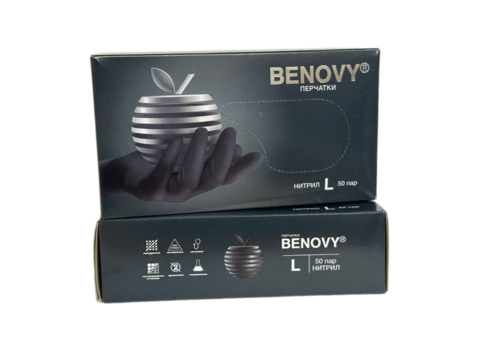 BENOVY перчатки нитриловые черные XL, 50 пар