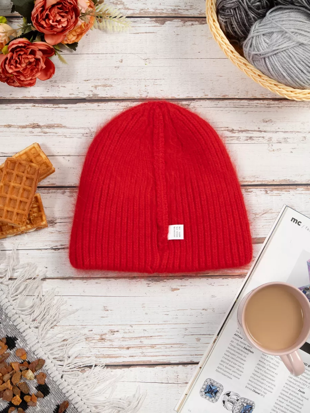 шапка вязаная бини ангора теплая демисезонная с отворотом