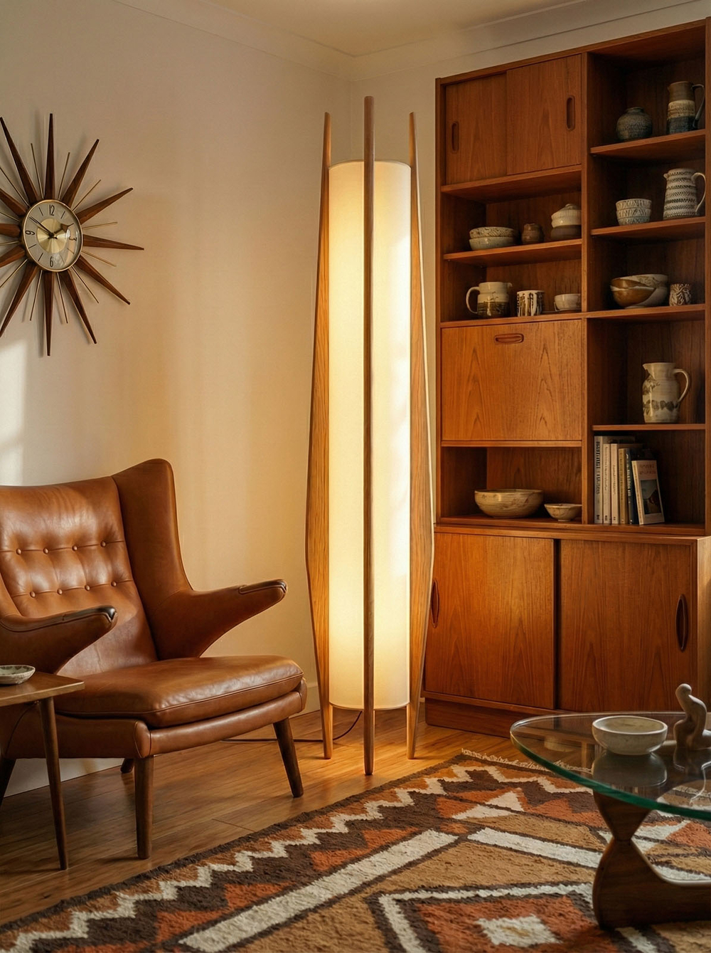 Деревянный торшер Teka в уютном интерьере рядом с кожаным креслом