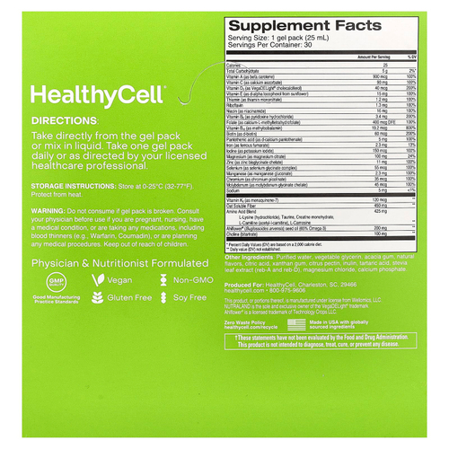 HealthyCell, Vegan Essentials, персик и манго, 30 гелевых пакетиков по 25 мл (0,84 жидк. Унции)