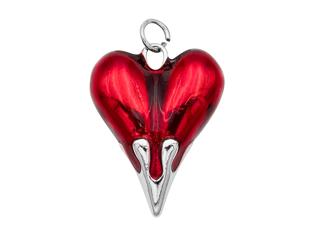 52209-кр Подвеска объемная "Сердце с подтеками" красное, 26*19мм, родий