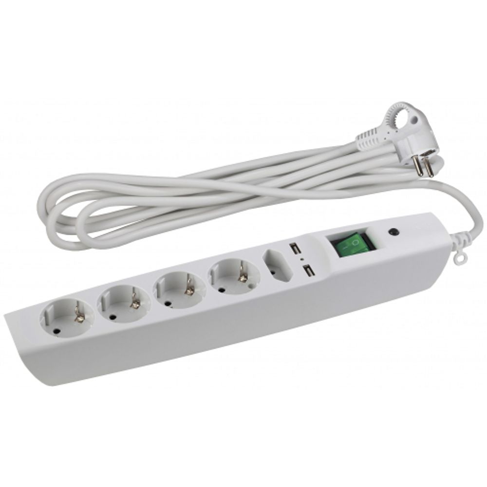 Сетевой фильтр ЭРА SFU-5es-2m-W с надежной защитой с заземлением с выключателем 5 розеток 2xUSB 2м 10А белый