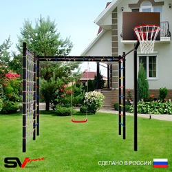 Уличная шведская стенка Sv Sport рукоход с комплектом турник прямой 2шт У5016К ("Лодочка"/Щит баскет/Сетка)