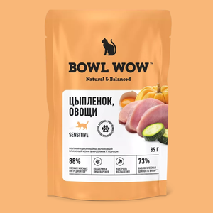 Пауч кусочки в соусе BOWL WOW для кошек с чувствительным пищеварением, с цыпленком и овощами