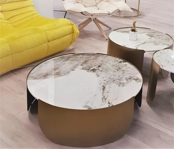 Журнальный столик Stone Antique L, Ø90х30 см, латунь, керамогранит