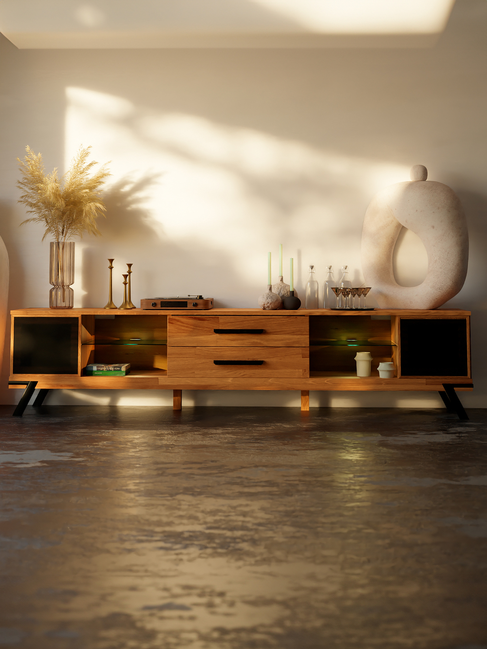 Тумба под телевизор, 220х42х55, Флеверс, напольная, массив дуба, MAKOSA