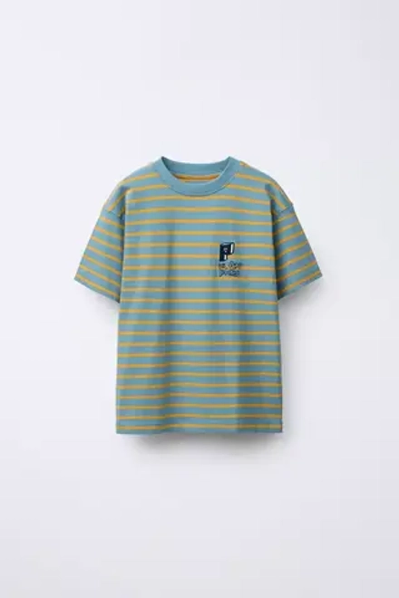 ZARA ФУТБОЛКА В ПОЛОСКУ С ВЫШИВКОЙ, СИНИЙ
