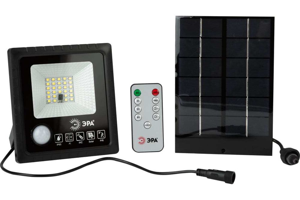 Прожектор светодиодный ЭРА 20Вт 5000K 350Лм с датчиком движения ПДУ IP65 уличный на солнечной батарее, Б0049545