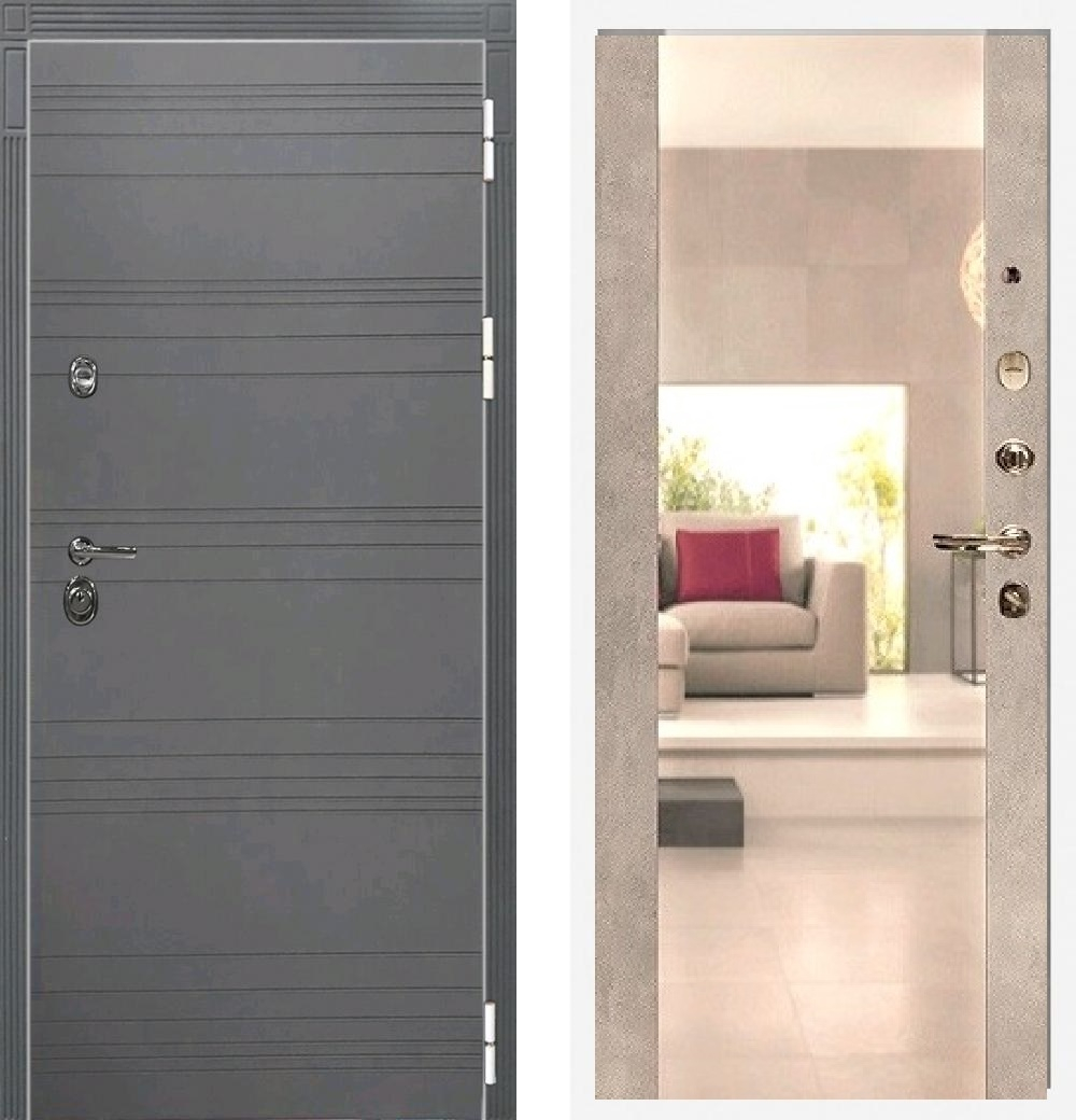 Входная дверь в квартиру с зеркалом  Император  Софт графит (белая коробка) 3К / №102 Бетон светлый