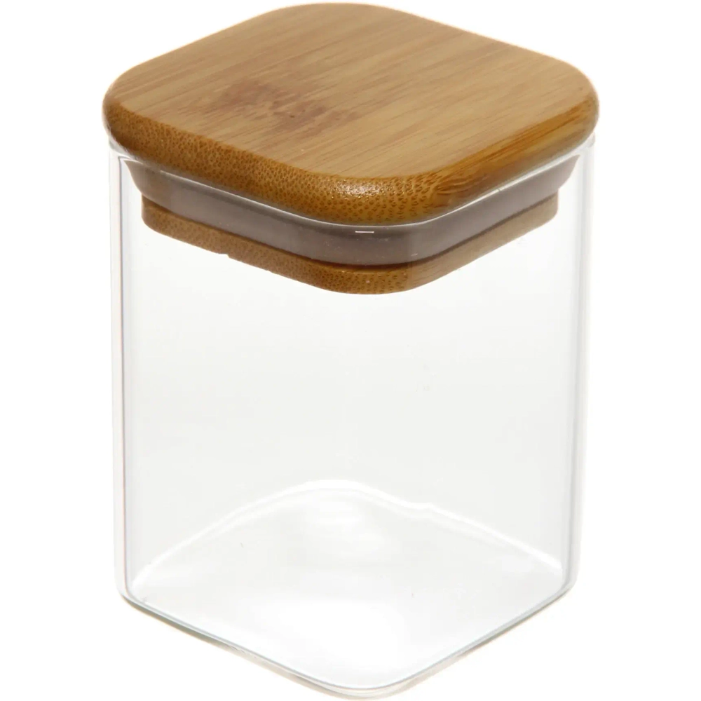 Банка для продуктов стеклянная 200мл «Хай-Тек» с бамбуковой крышкой, квадратная 6*8см