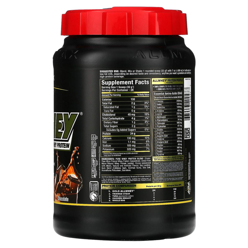 ALLMAX, AllWhey Gold, 100 % сывороточный белок + изолят сывороточного белка премиум-качества, со вкусом шоколада, 907 г (2 фунта)