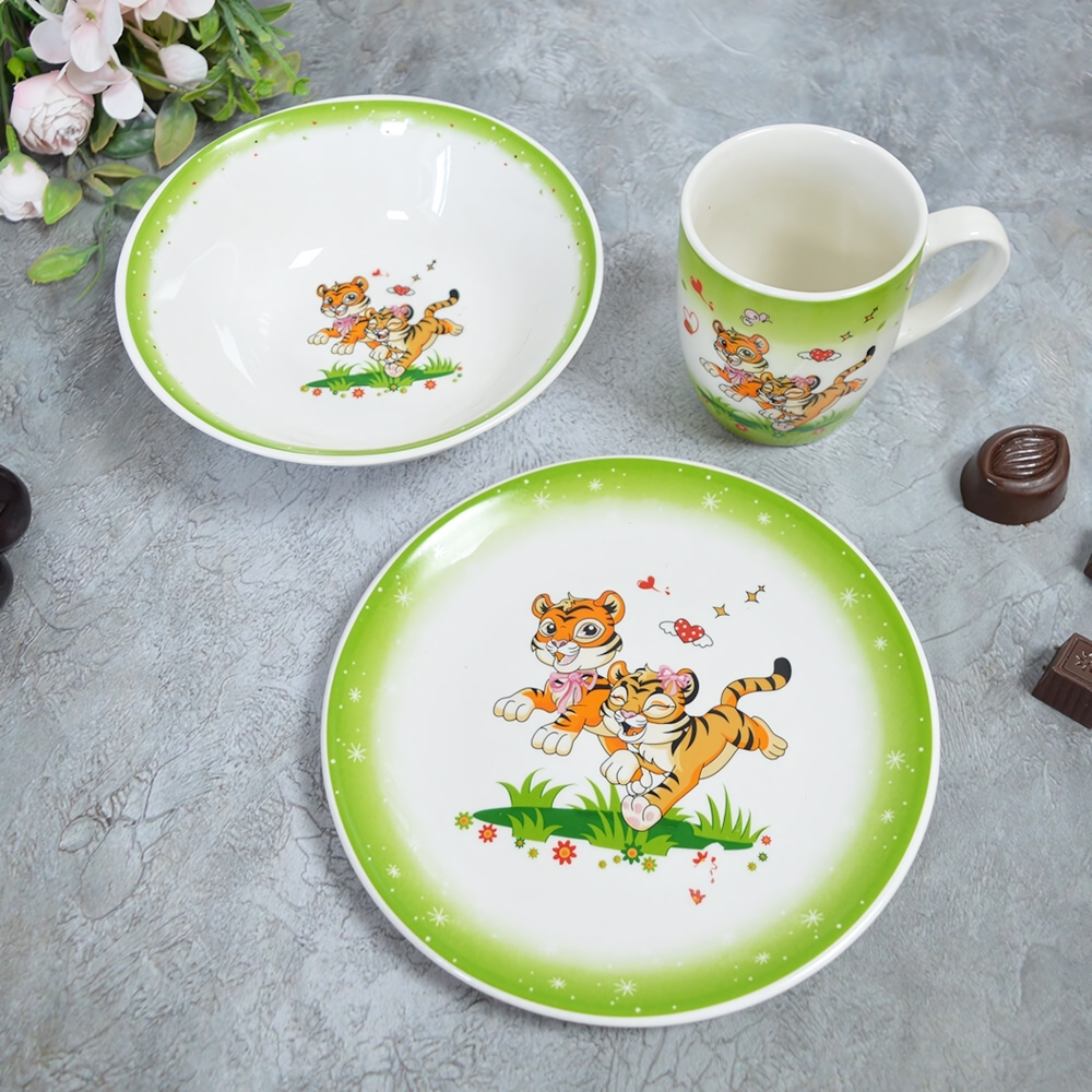 Набор керамической посуды 3 предмета: кружка 200мл, тарелка плоская 17.5см, тарелка суповая 15см. NN