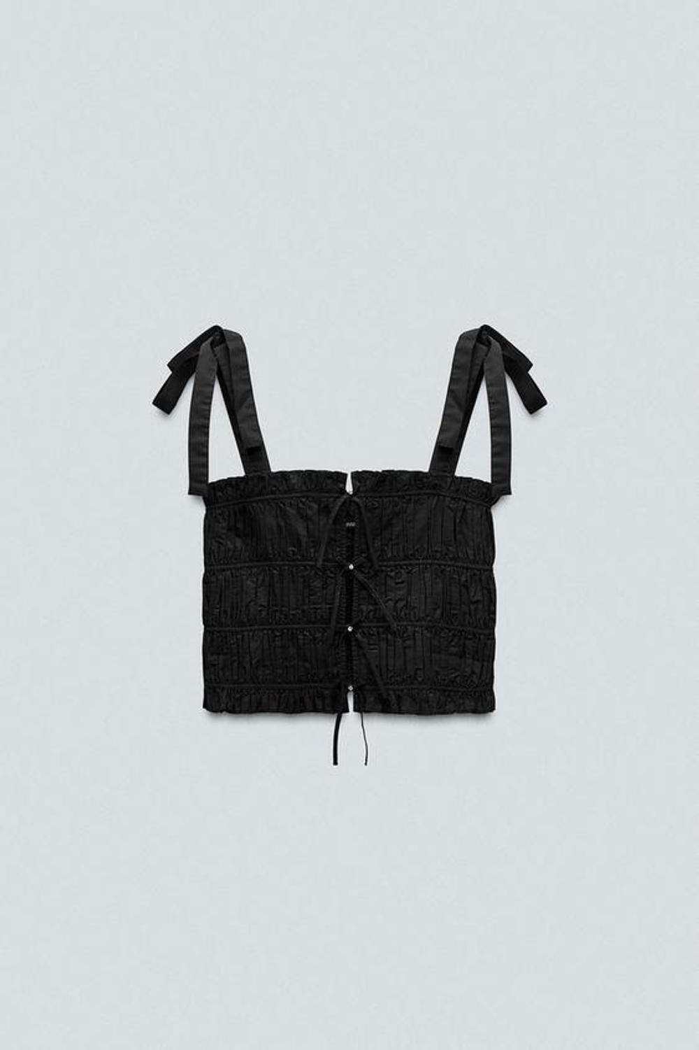 ZARA ТОП ИЗ ПОПЛИНА С БАНТАМИ И СТРАЗАМИ, ЧЕРНЫЙ