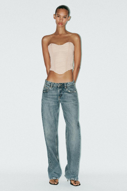 ZARA ТОП-КОРСЕТ ИЗ ПОЛУПРОЗРАЧНОЙ ТКАНИ СО СБОРКАМИ, ТЕЛЕСНО-РОЗОВЫЙ