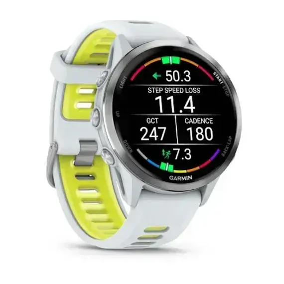 Умные часы Garmin Forerunner 970 с серебристым безелем и желто-белым ремешком