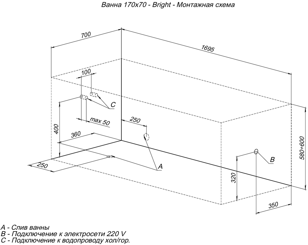 Акриловая ванна Aquanet Bright 170x70 (с каркасом)