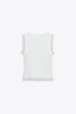 ZARA ТОП С КРУЖЕВОМ И ПУГОВИЦАМИ, ЖЕЛТОВАТО-БЕЛЫЙ