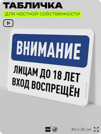 Табличка для частной территории "Внимание, лицам до 18 лет вход воспрещен", на дом, для участка, организаций и частных территорий, предупреждающая, 40х30 см, Silver Plane x Айдентика Технолоджи