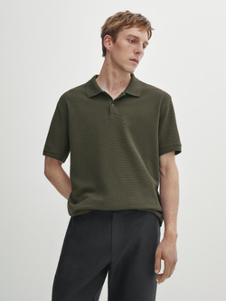 Massimo Dutti Хлопковая футболка-поло с короткими рукавами, хаки