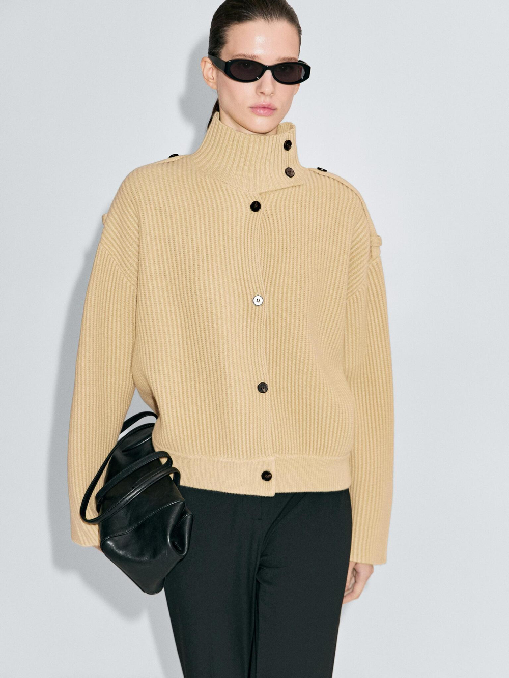 Massimo Dutti Кардиган из 100% шерсти с высоким воротником, оливковый