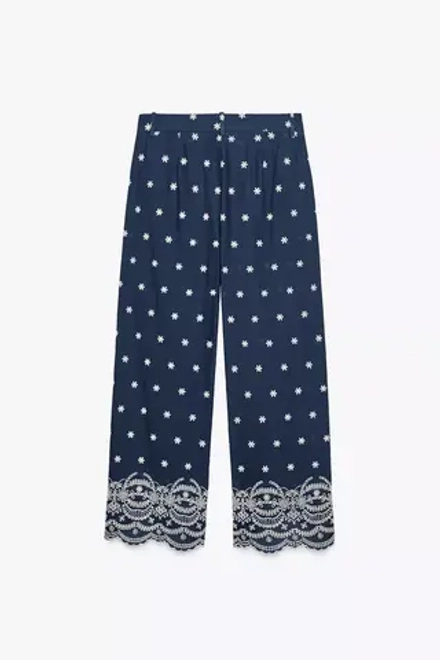ZARA БРЮКИ-КЮЛОТЫ С ВЫШИВКОЙ, СИНИЙ/БЕЛЫЙ