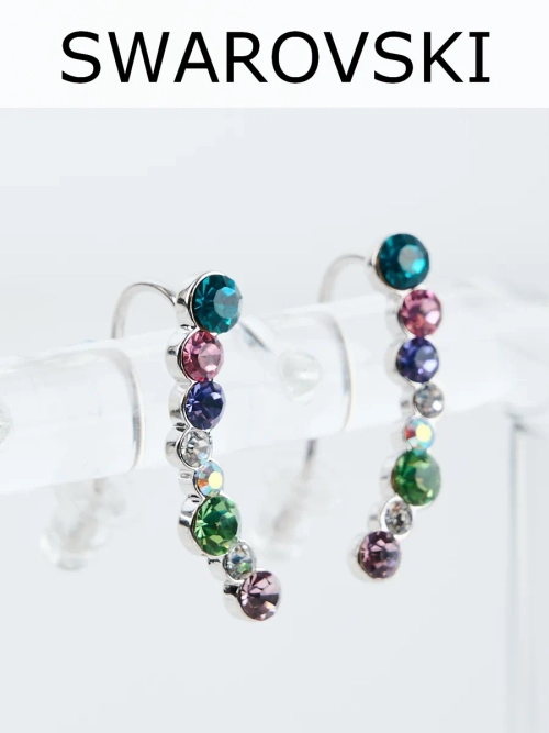 Серьги-клаймберы Млечный путь с разноцветными кристаллами Swarovski