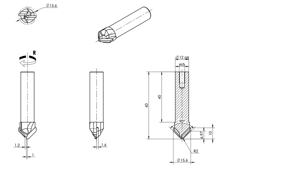 PCD концевая фреза D.15,6x10 S.12x45 Z2