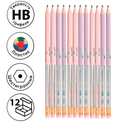 Карандаш DELI "Macaron", НВ, шестигранный корпус, пластик, с ластиком, ассорти